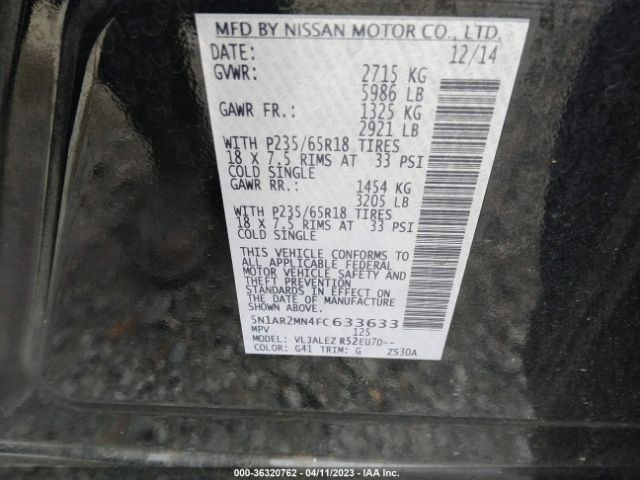 5N1AR2MN4FC633633 Nissan Pathfinder Sv