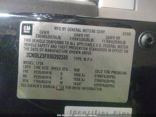 2008 CHEVROLET EQUINOX LS VIN: 2CNDL23FX86292338