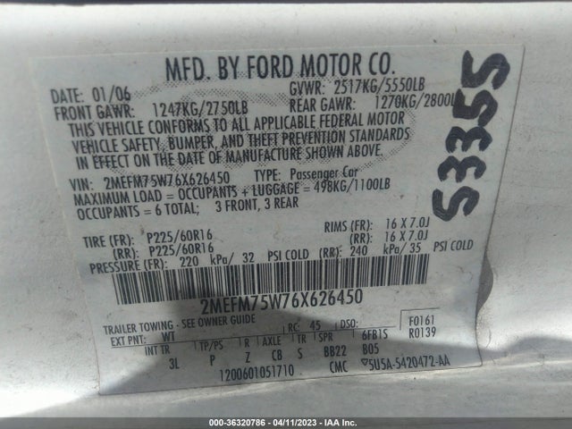 2006 MERCURY GRAND MARQUIS LS VIN: 2MEFM75W76X626450