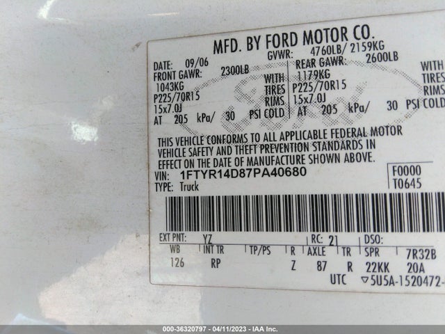 2007 FORD RANGER XL/STX/XLT VIN: 1FTYR14D87PA40680