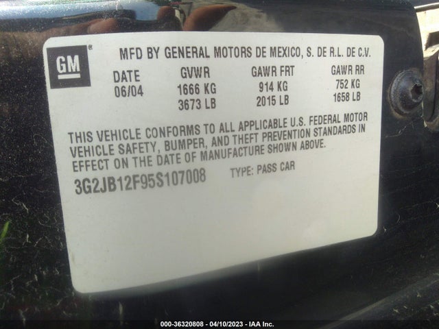 2005 PONTIAC SUNFIRE VIN: 3G2JB12F95S107008
