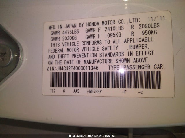 2012 ACURA TSX VIN: JH4CU2F40CC011346