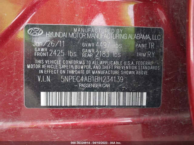 2011 HYUNDAI SONATA SE VIN: 5NPEC4AB1BH234139