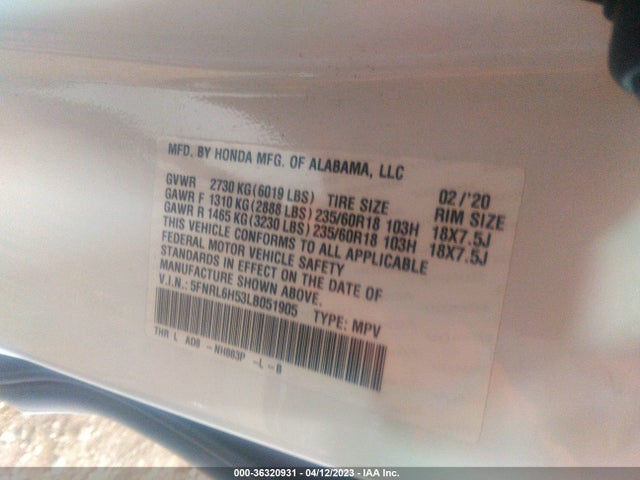 Honda ODYSSEY EX 2020 5FNRL6H53LB051905 Image 9