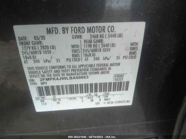 2FMPK4J99LBA69863 Ford Edge Sel/st Line