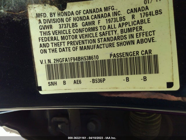 2011 HONDA CIVIC SDN EX-L VIN: 2HGFA1F94BH538610