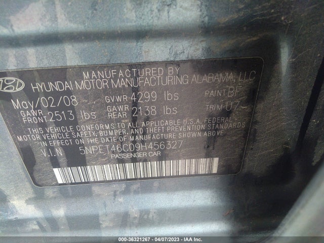 2009 HYUNDAI SONATA GLS VIN: 5NPET46C09H456327