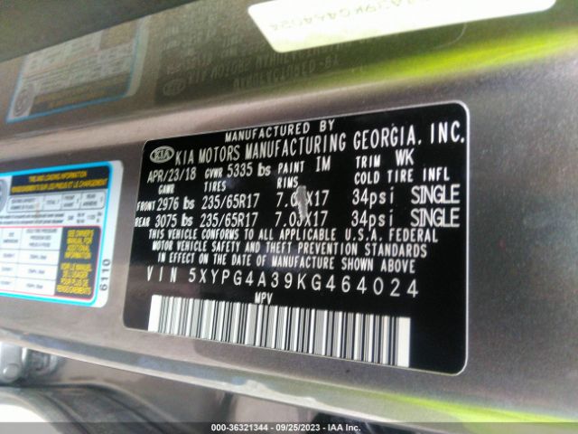 5XYPG4A39KG464024 KIA Sorento 2.4l Lx
