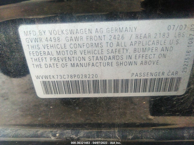 2008 VOLKSWAGEN PASSAT SEDAN LUX VIN: WVWEK73C78P028220