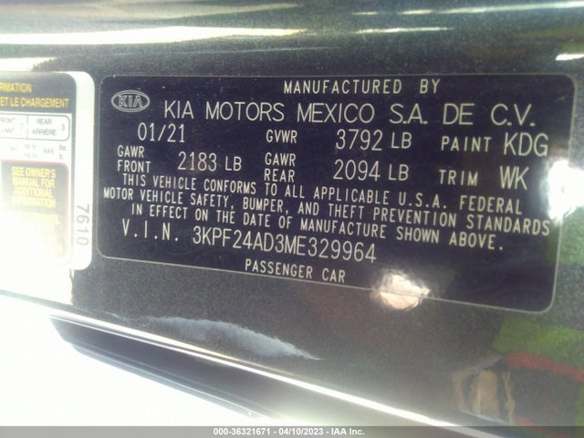2021 KIA FORTE LXS VIN: 3KPF24AD3ME329964