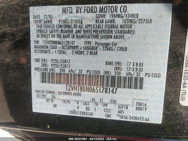 2006 FORD MUSTANG STANDARD/DELUXE/PREMIUM VIN: 1ZVHT80N065178147