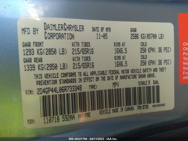 2006 DODGE GRAND CARAVAN SXT VIN: 2D4GP44L06R733348