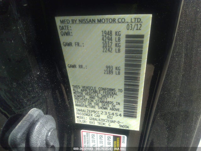 2012 NISSAN ALTIMA 2.5 S VIN: 1N4AL2EP9CC235454