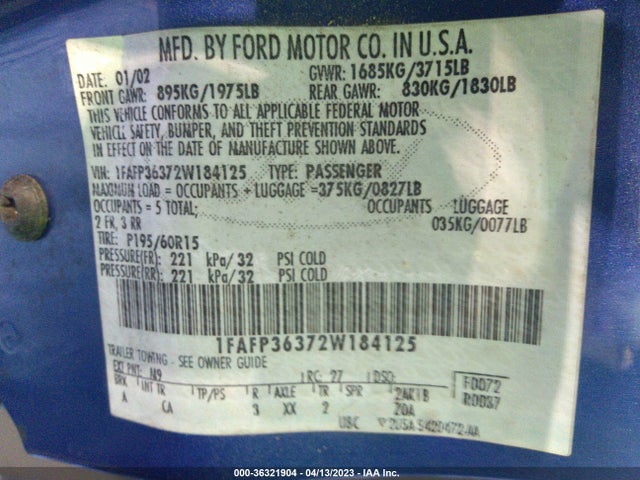 2002 FORD FOCUS SE FLEET/SE BASE VIN: 1FAFP36372W184125