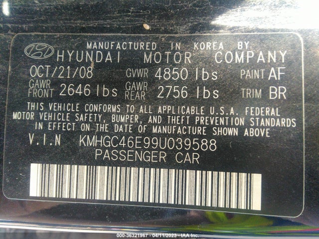 2009 HYUNDAI GENESIS VIN: KMHGC46E99U039588