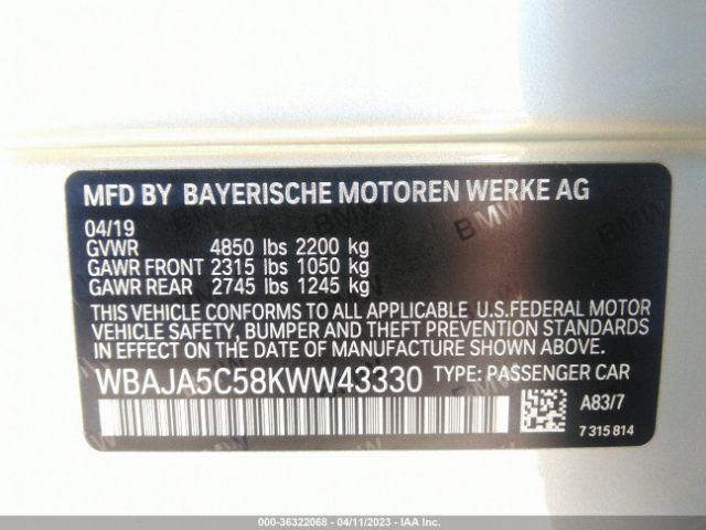 WBAJA5C58KWW43330 BMW 5 Series 530i
