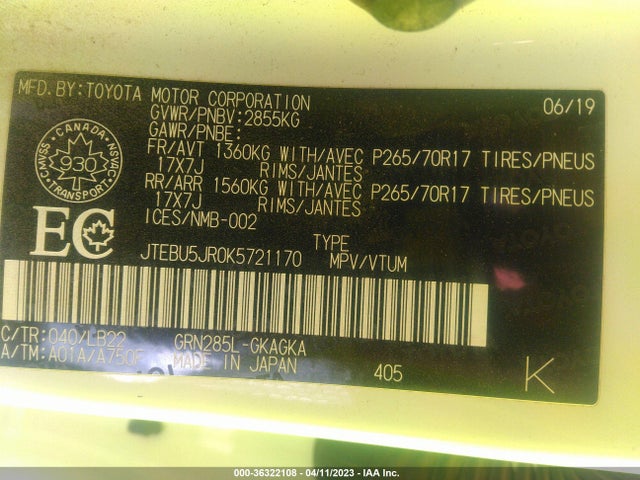 Toyota 4RUNNER SR5 2019 JTEBU5JR0K5721170 Image 10
