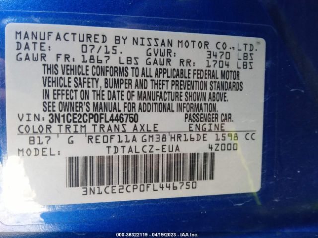 3N1CE2CP0FL446750 Nissan Versa Note S Plus