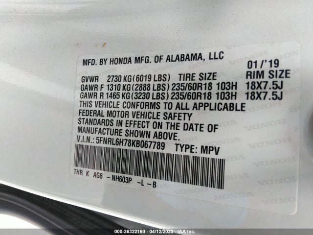 Honda Odyssey Ex-l 2019 5FNRL6H78KB067789 Image 11