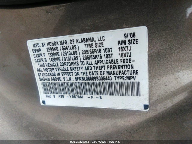 2009 HONDA ODYSSEY EX-L VIN: 5FNRL38689B005440