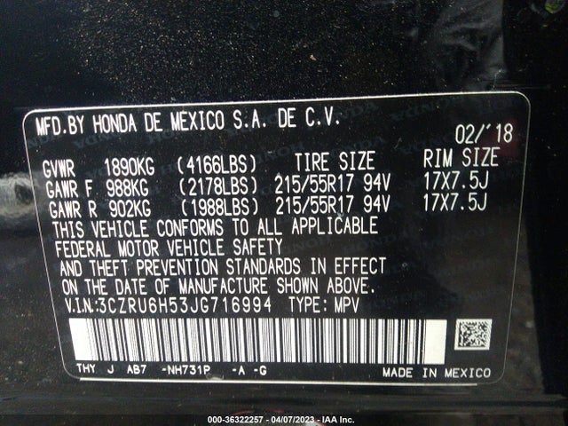 Honda HR-V EX 2018 3CZRU6H53JG716994 Image 10