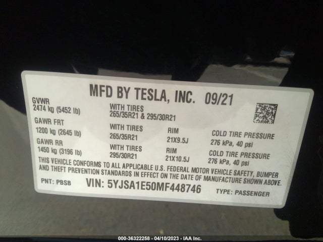 Tesla Model S Long Range 2021 5YJSA1E50MF448746 Image 11