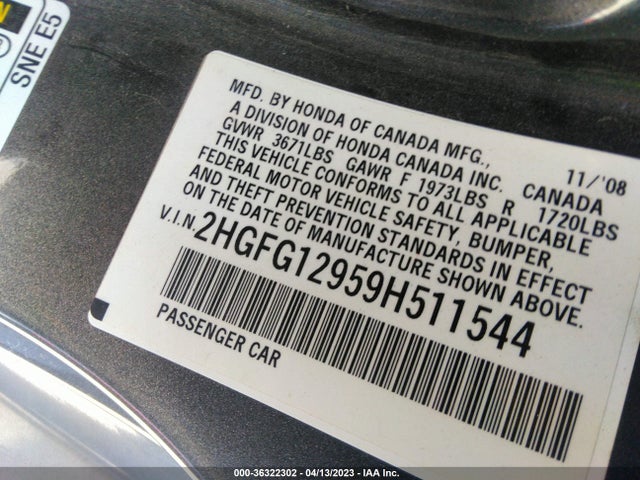 2009 HONDA CIVIC CPE EX-L VIN: 2HGFG12959H511544
