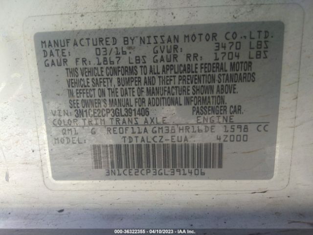 3N1CE2CP3GL391406 Nissan Versa Note S Plus