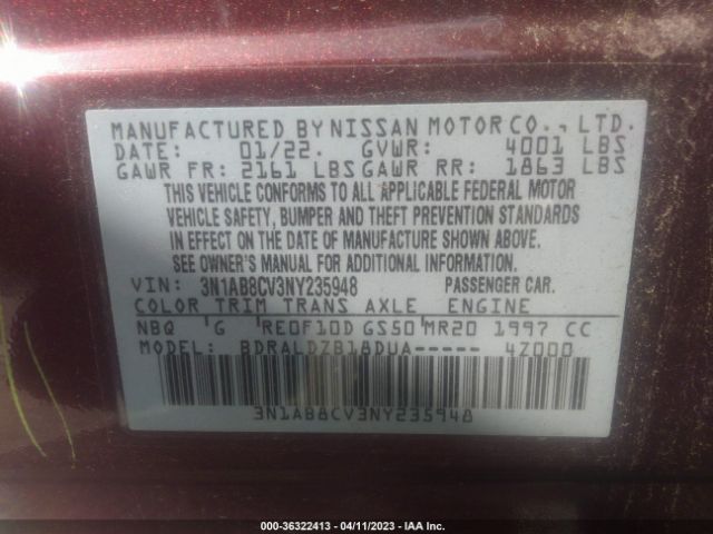 3N1AB8CV3NY235948 Nissan SENTRA SV