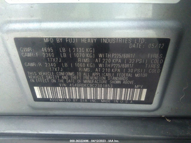 2012 SUBARU OUTBACK 3.6R LIMITED VIN: 4S4BRDKC9C2301853