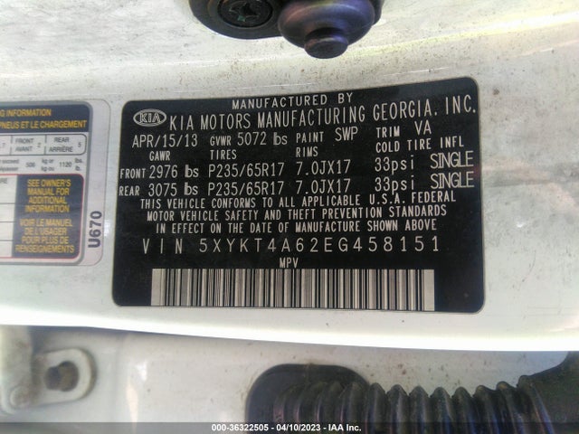 KIA SORENTO LX 2014 5XYKT4A62EG458151 Image 10