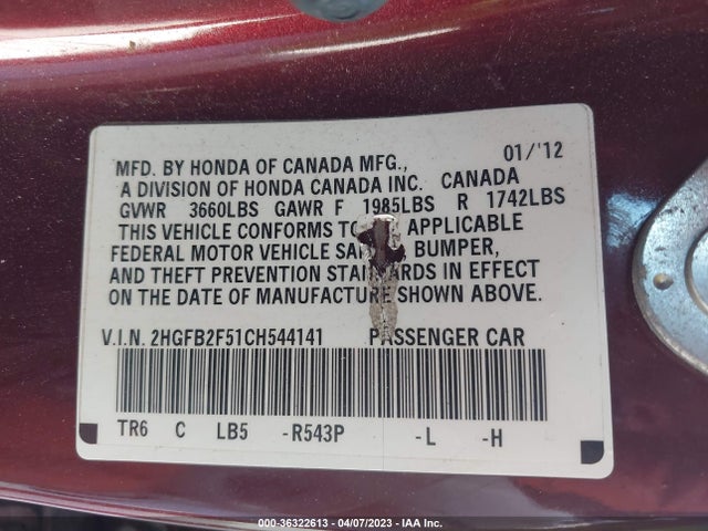 2012 HONDA CIVIC SDN LX VIN: 2HGFB2F51CH544141