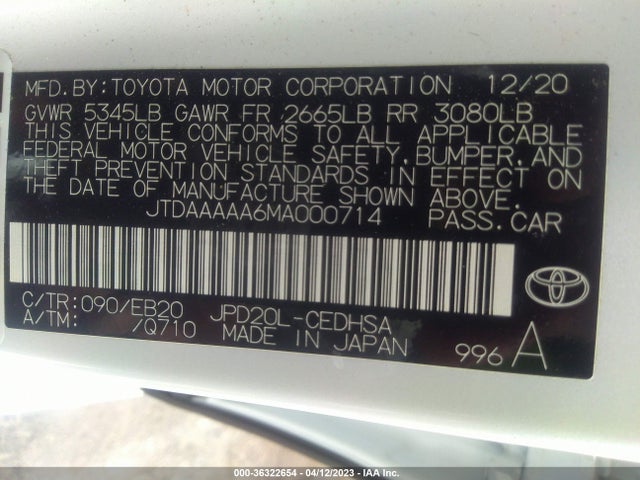 2021 Toyota Mirai, VIN: JTDAAAAA6MA000714