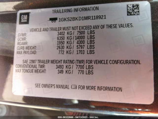 1GKS2BKD1MR118921 GMC YUKON SLT