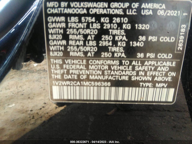 1V2WR2CA1MC596366 Volkswagen Atlas 3.6l V6 Se W/technology