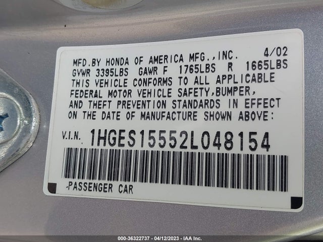 2002 HONDA CIVIC LX VIN: 1HGES15552L048154