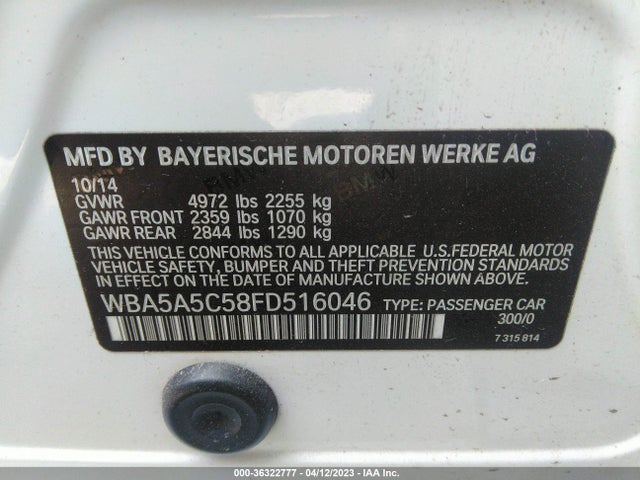 2015 BMW 5 SERIES 528I VIN: WBA5A5C58FD516046