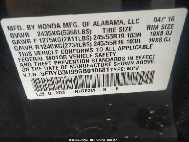 5FRYD3H99GB018681 Acura Mdx W/advance/w/advance