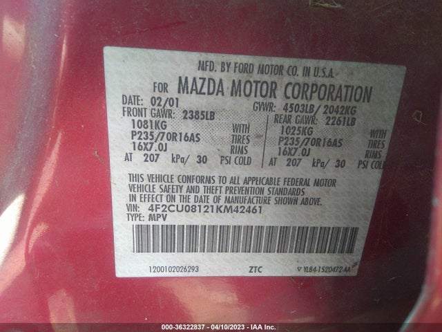 2001 MAZDA TRIBUTE LX/ES VIN: 4F2CU08121KM42461