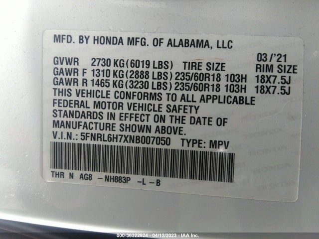 Honda Odyssey Ex-l 2022 5FNRL6H7XNB007050 Image 11