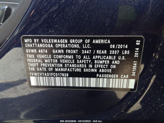 1VWCV7A31FC017829 Volkswagen Passat 2.0l Tdi Sel Premium