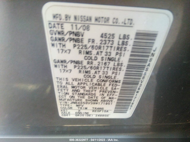 36322977 :رقم المزاد ، JN8AS58V39W171951 vin ، 2009 Nissan Rogue Sl مزاد بيع