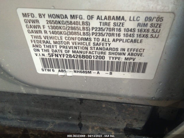2006 HONDA PILOT EX VIN: 5FNYF28426B001200