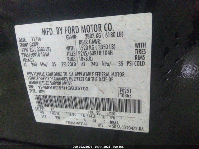 Ford EXPLORER XLT 2017 1FM5K8D81HGB25702 Image 10