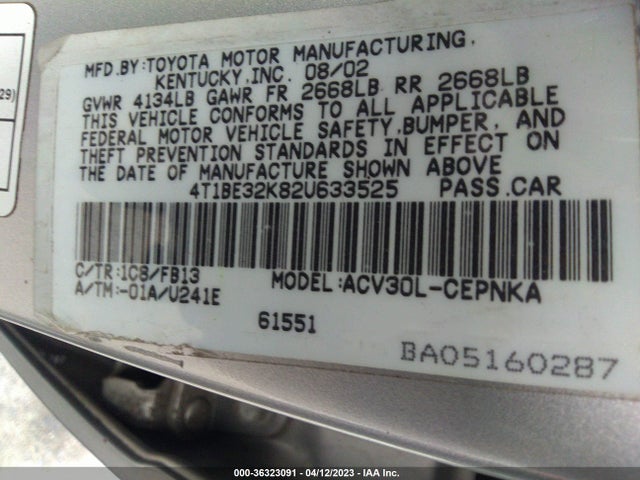 2002 TOYOTA CAMRY LE/SE/XLE VIN: 4T1BE32K82U633525