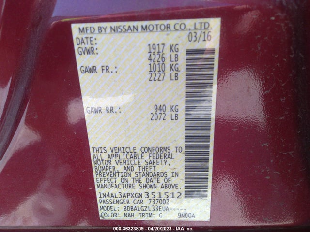 Nissan ALTIMA 2.5 2016 1N4AL3APXGN351512 Image 10