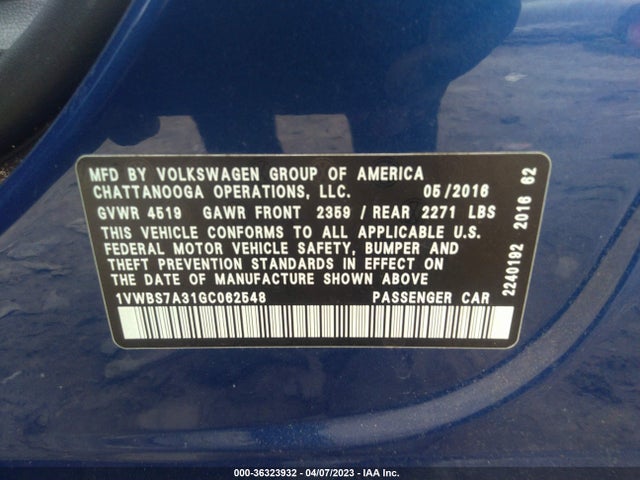 2016 VOLKSWAGEN PASSAT 1.8T SE W/TECHNOLOGY VIN: 1VWBS7A31GC062548