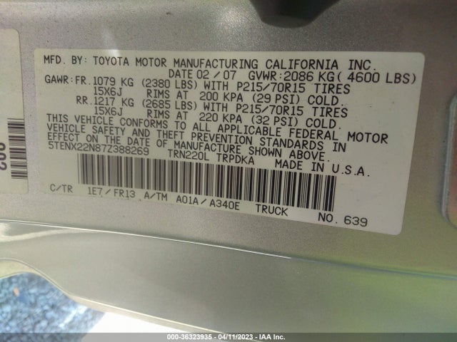 2007 TOYOTA TACOMA VIN: 5TENX22N87Z388269