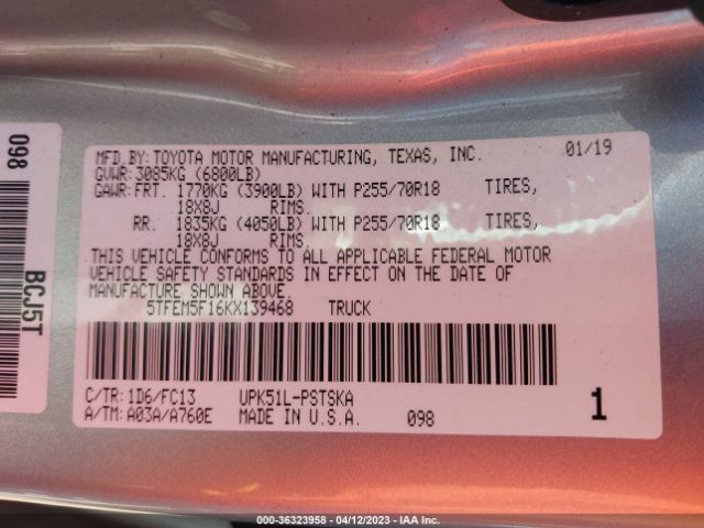 5TFEM5F16KX139468 Toyota Tundra Sr5 4.6l V8