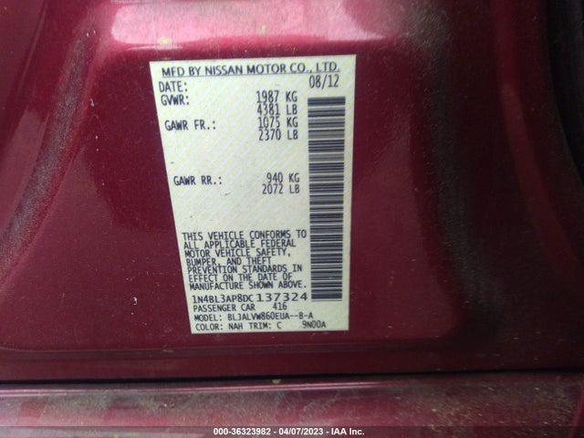 2013 NISSAN ALTIMA 3.5 SL VIN: 1N4BL3AP8DC137324